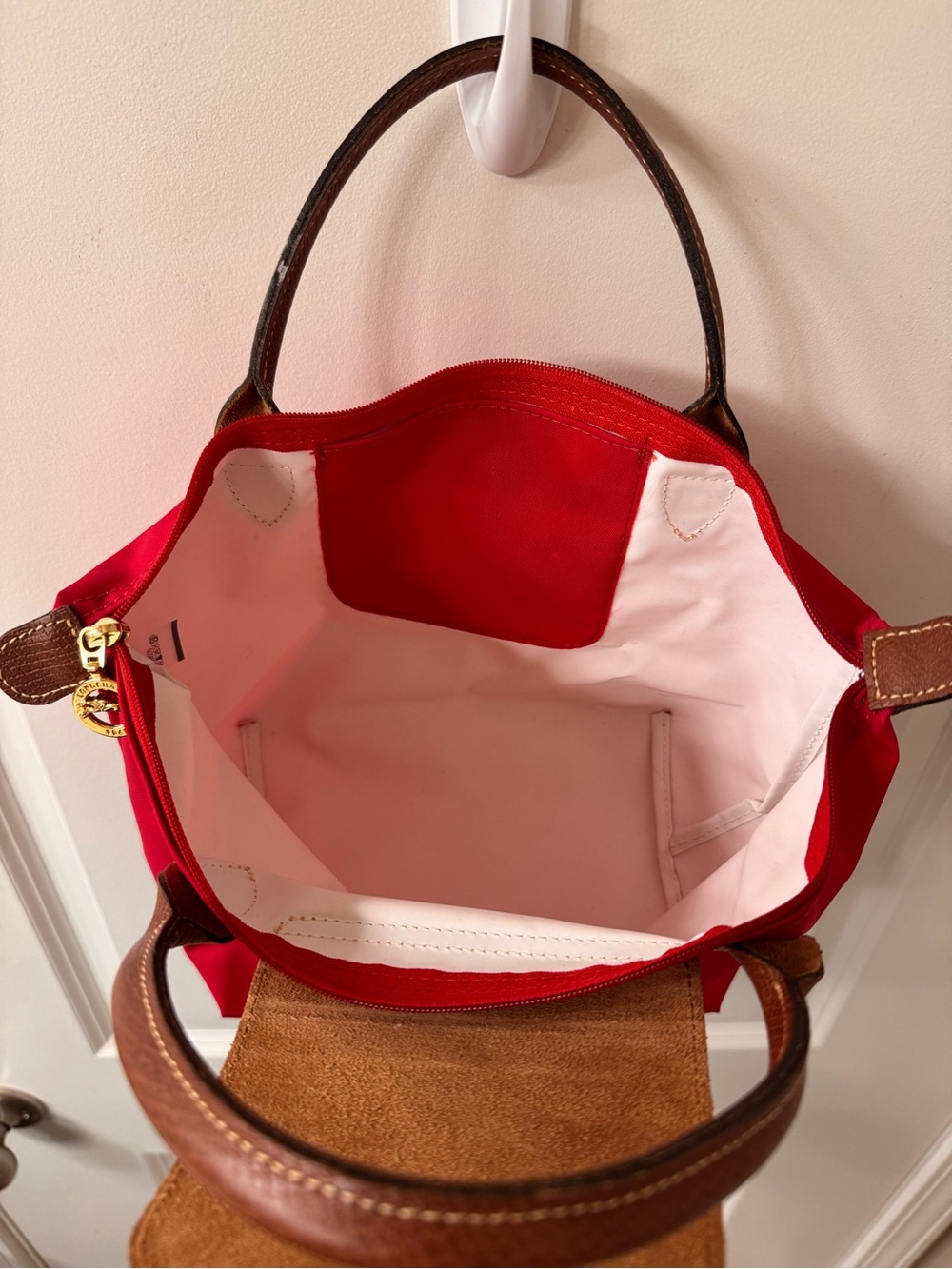 Longchamp Original S Handbag Red Nylon with Brown Leather Trim - Picture 3 of 8